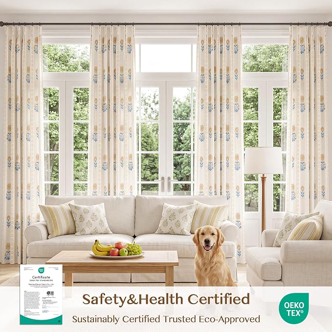 THREE GIRLS Pinch Pleated Light Filtering Linen Blend Floral Block Print Curtains for Living Room, Bedroom, Farmhouse, Memory Trained, Hooks, 2 Panels Set, 40"x90", Yellow