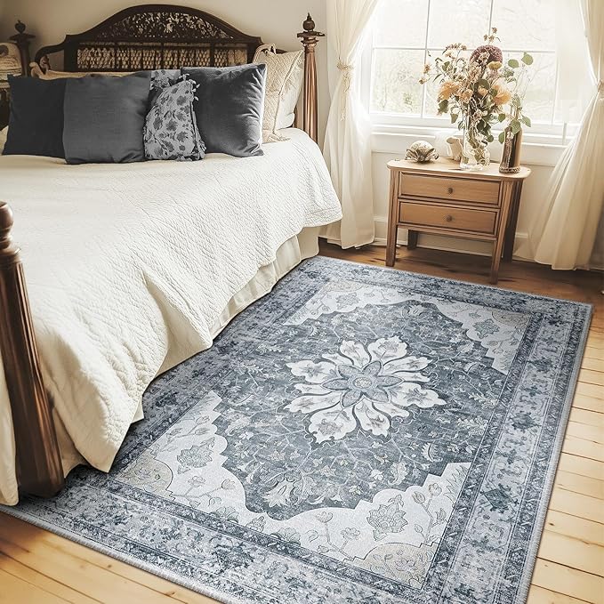 RELEANY Area Rugs 5'x7' Washable Non-Slip, Floral Vintage Distress Print Pattern Medallion Carpet for Living Room Bedroom Dining Room, Light Gray Grey White