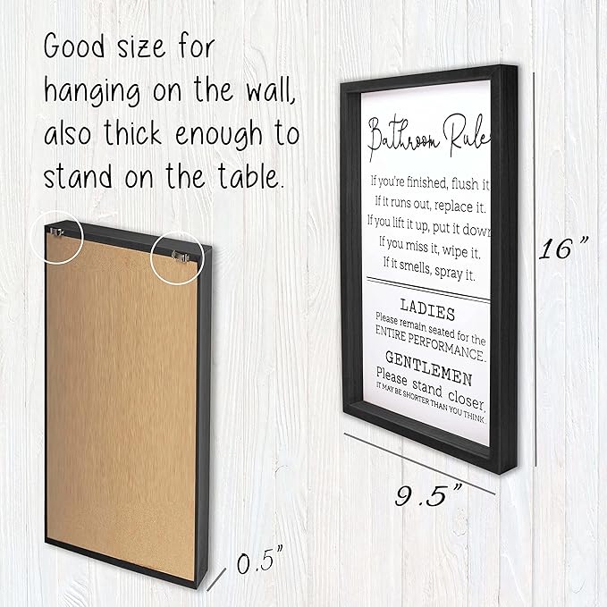 VILIGHT Bathroom Rules Sign House Warming Gifts for New Home - Farmhouse Toilet Decorations Funny Restroom Wall Decor - Black Frame Vertical 16x9.5 Inches