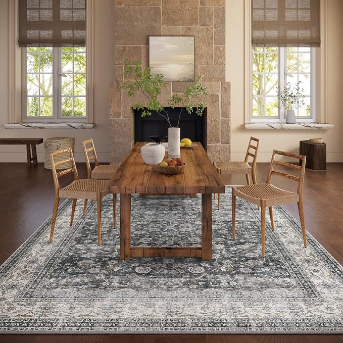 Machine Washable Rugs for Living room: 9x12 bedroom Rug Vintage Boho Area Rug Stain Resistant Non Slip Low Pile Lightweight Soft Carpets for Living room Dining Room Kitchen Nursery Kids Room Farmhouse