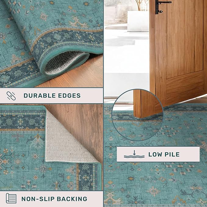 Teal Boho 2x5 Non Slip Small Kitchen Rug Runner - Washable Low Pile & Soft Carpet for Bathroom, Bedroom Beside Bed, Non Skid Floral Vintage Rugs for Laundry Room, Entryway