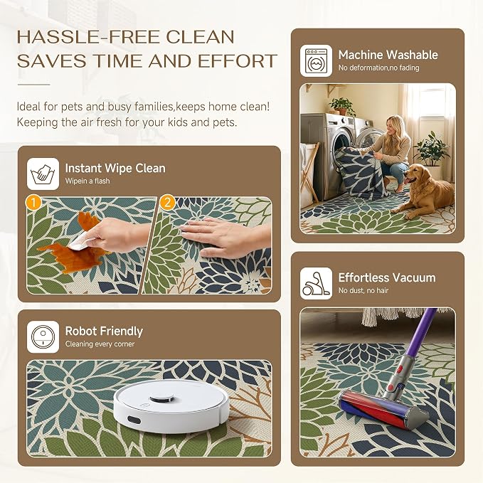 HUGEAR 8'x10' Floral Outdoor Rug Linen-Look Waterproof Colorful Floor Mat Home Decor for Camping RV Outside Area Rug Patio Deck Porch Balcony Backyard Picnic Beach Carpet