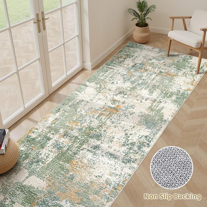 Runner Rug Kitchen Washable Rugs: 3x10 Non-Slip Abstract Soft Modern Stain Resistant Indoor Floor Neutral Accent Throw Carpet for Hallway Bathroom Laundry Room Entryway Bedroom- Green