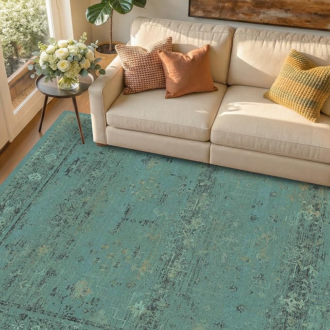 Turquoise Green 8x10 Washable Area Rug for Living Room, Non Slip Low Pile Vintage Boho Carpet, Distressed Teal Geometric Rug for Dining Room, Bedroom, Neutral Friendly Farmhouse Décor