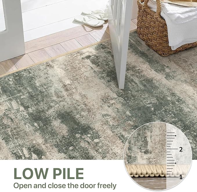 BEIMO Runner Rug for Hallway Kitchen, 2'6"x8' Machine Washable Runners Rug for Entryway, Soft Modern Abstract Throw Rugs, Low Pile Floor Cover with Non Slip Backing, Grey/Dark Green