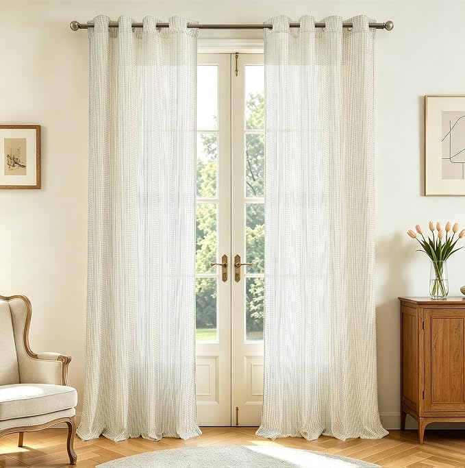 DriftAway 3D Chenille Striped Curtains 96 Inches Long Tweed Linen Textured Light Filtering Woven Embroidered Luxury Soft Drapes for Living Room Bedroom Grommet Privacy 2 Panels W52 x L96 Green Gray