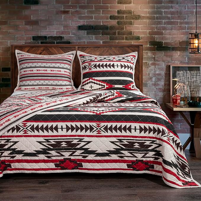 Paseo Road Cortez Western Bedding 3 Piece Quilt Set with Pillow Shams, Full Queen Aztec Bedding Set, Tribal Southwestern Bedding, Geometric Pattern Cotton Reversible Rustic Bed Set