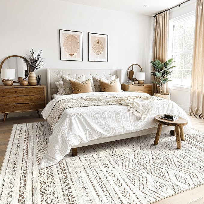 Tortania Area Rug Living Room Rugs - 5x7 Washable Large Soft Neutral Boho Moroccan Bohemian Farmhouse Rug Indoor Floor Carpet for Bedroom Under Dining Table Home Office Decor - Beige Brown