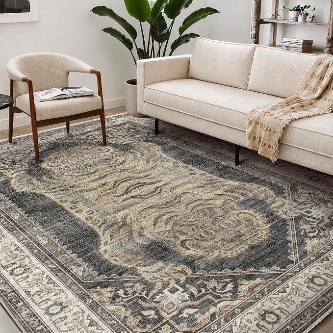 CHAMPLANT Washable Area Rug 9'x12' Retro Boho Design Non-Shedding Easy Care Ideal for High Traffic Areas in Living Room Bedroom Office Coffee Table Kitchen Large Carpet