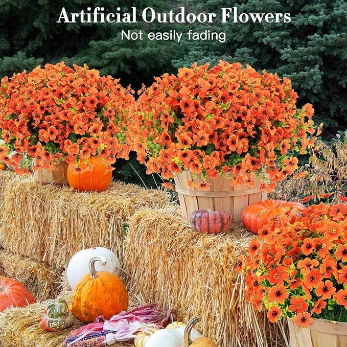 MERIXMAS 24 Bundles Fall Flowers Artificial for Halloween Decoration Outdoors, Fake Plants Autumn, Mums Daisy Eucalyptus Realistic UV Resistant for Garden Patio Porch Home Decor, Orange