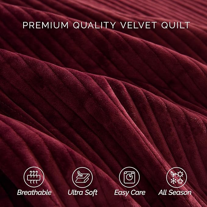 Elegant Comfort Luxury 3-Piece Velvet Corduroy Stripe Quilt Set, Ultra Soft Bedspread - Cozy Velvet Coverlet Set - 3PC Medium Weight Quilted Set with Matching Pillow Shams, Twin, Burgundy