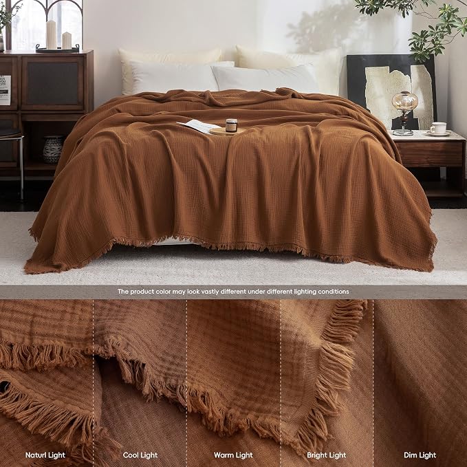 FOSSA Muslin Blanket 4-Layer 100% Cotton Gauze Blanket with Fringe 50"x60" | Super Soft Breathable Lightweight All Season & Decorative Blanket or Bed, Sofa, Office (Dark Orange,Throw)