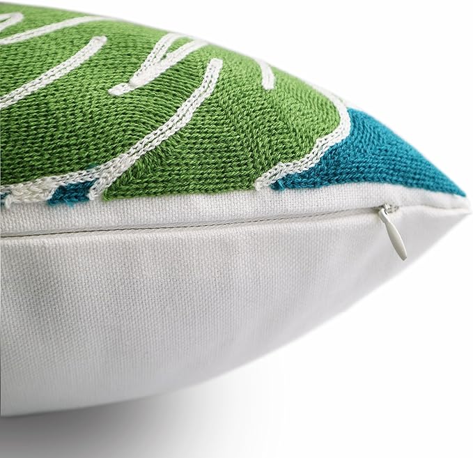 Embroidery Throw Pillow Cover 18x18 Decor Tropical Leaves Floor Pillow Cover for Couch Chair Bed Room 100% Cotton Cushion Cover 45x45cm Pillowcase, Green Leaf Plant Embroidered, Pack of 4