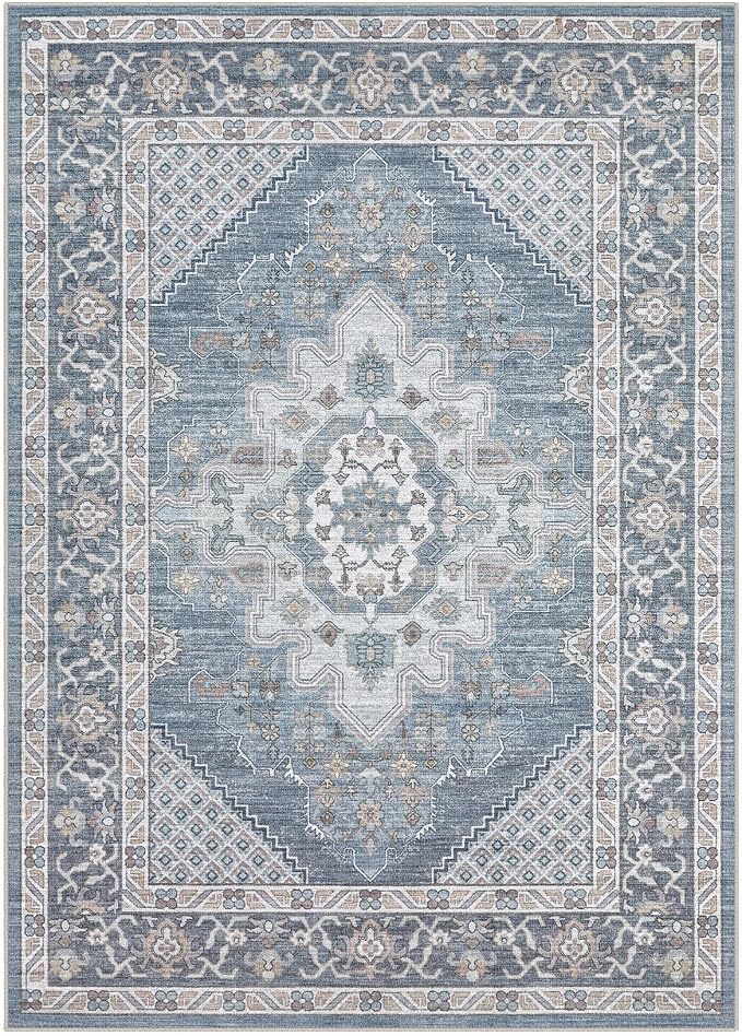 Tortania Area Rug Living Room Rugs - 10x14 Washable Boho Rug Vintage Oriental Distressed Farmhouse Large Thin Indoor Carpet for Living Room Bedroom Under Dining Table Home Office - Blue