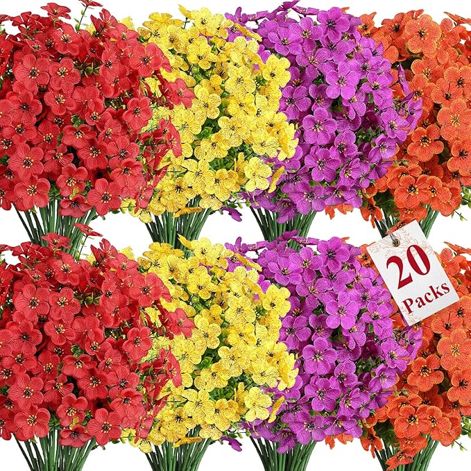 Alupssuc 20 Bundles Artificial Flowers for Outdoor Indoor Decoration, UV Resistant No Fade Fake Plants Eucalyptus, Colorful Faux Spring Flowers for Outside Yard Porch Patio Garden Home Window Box