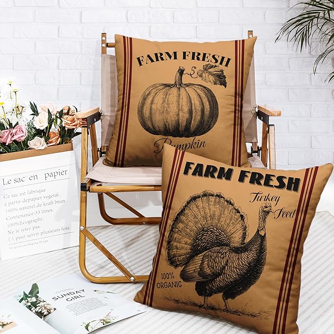 Fall Pillow Covers 22x22 Set of 2 Vintage Farmhouse Throw Pillow Covers Retro Farm Fresh Turkey Pumpkin Pillowcase Thanksgiving Cushion Case for Home Decor Couch Sofa