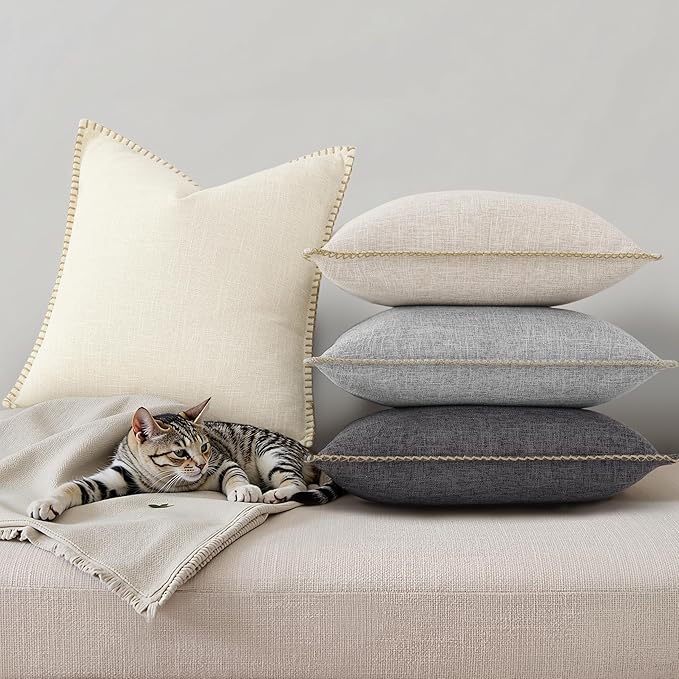 decorUhome Summer Decorative Throw Pillow Covers 16x16 Set of 2 Square Faux Linen Farmhouse Pillow Covers with Stitched Edge Outdoor Neutral Pillow Covers for Couch Sofa Living Room, Dark Grey