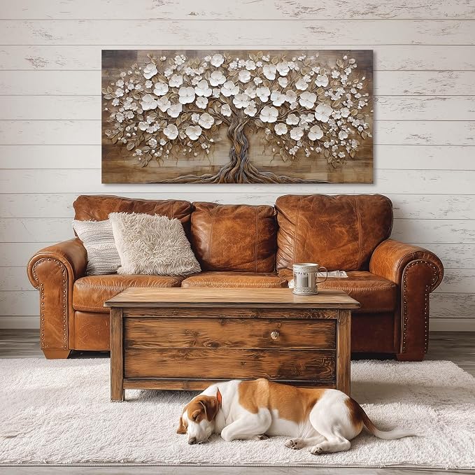 Ggaafet Retro Tree Wall Art for Living Room Canvas Oil Painting Prints Beautiful White FLower Floral Blooming Art Deco Rustic Artwork Office Bedroom Farmhouse Dining Room Decor Extra Large