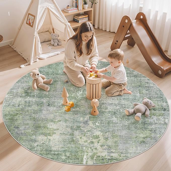Soalmost 6x6 Green/Ivory Round Rug 6ft Living Room Circle Rug Vintage Round Area Rug Non Slip Indoor Carpet for Dining Room Bedroom