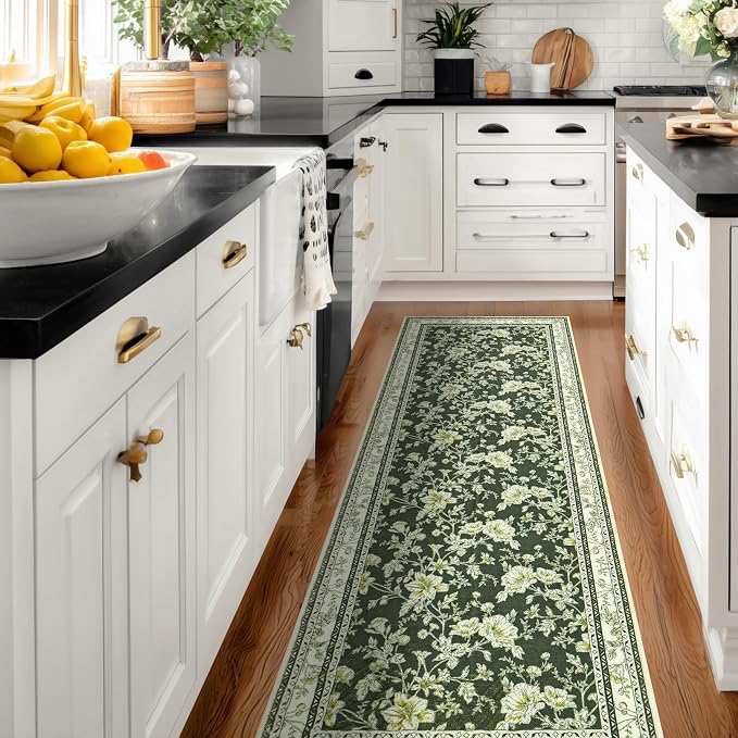 Olive Green Floral Print Area Rugs for Bedroom Living Room Boho Farmhouse Country Rustic Dining Room Carpet Soft Washable Rugs Non Slip Floor Covering for Nursery Playroom 3x8