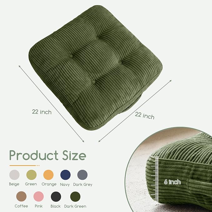 HIGOGOGO 6" Extra Thick Floor Pillow Cushion for Adults, Meditation Cushion Pillow, Large Square Floor Sitting, Tufted Corduroy Cover, for Tatami Living Room or Yoga, 22x22 Inch, 2Pack, Dark Green