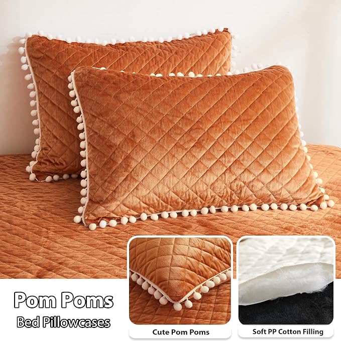 LIFEREVO Terracotta Plush Shaggy Duvet Cover Set, Soft Velvet Fluffy Bedding Set Furry Comforter Quilt Cover(1 Faux Fur Duvet Cover + 2 Pompoms Pillow Cases), Zipper Closure(Queen, Burnt Orange)