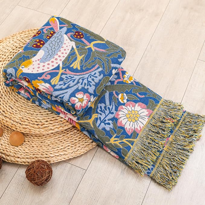 Boho Cotton Muslin Twin Size Bed Throws,100% Cotton Rustic 4 Layer Reversible Bid and Floral Woven Washable Breathable Decor Blanket 60"×80" for Couch Sofa All Seasons,Blue &Yellow