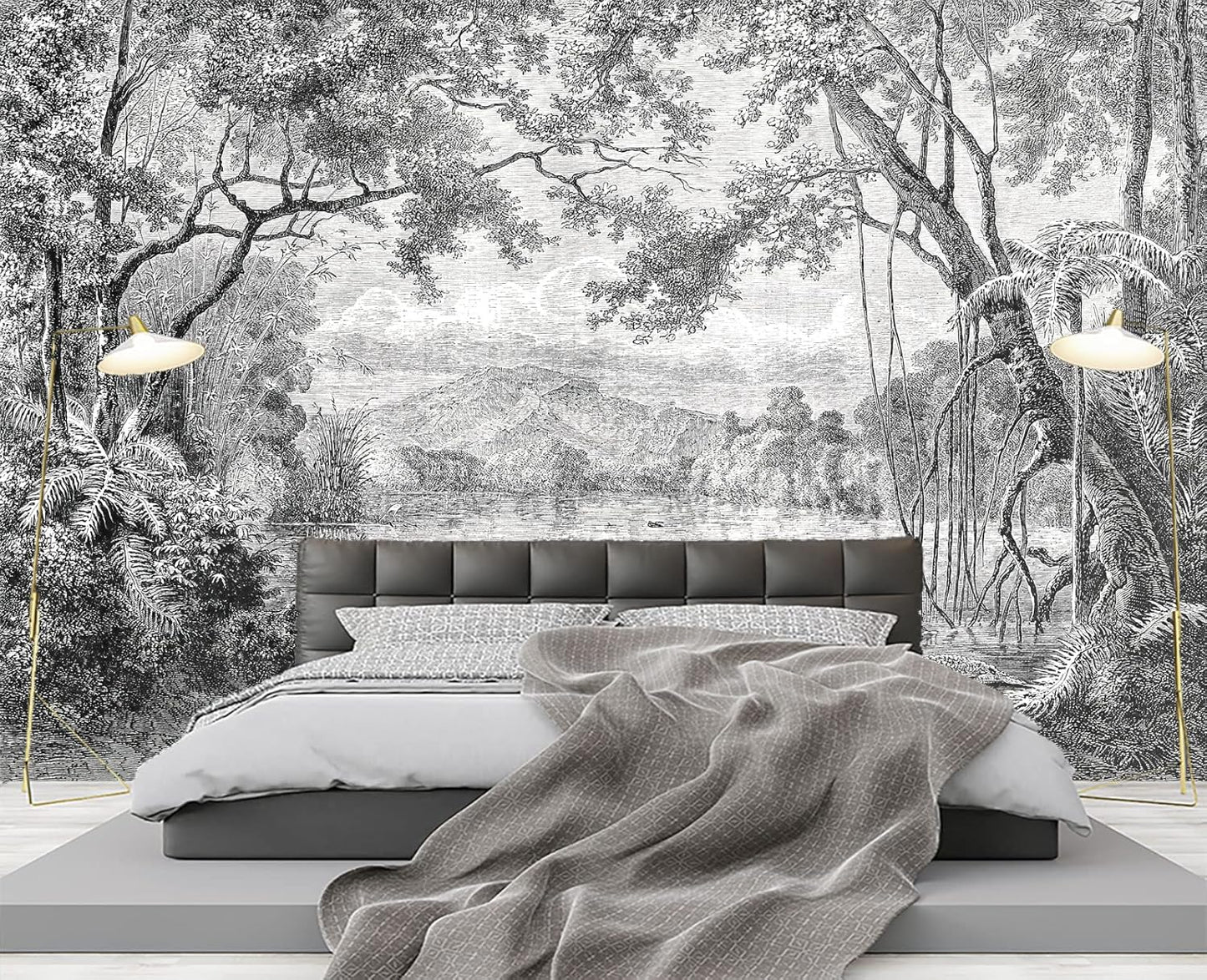 Black and White Tropical Rainforest Wall Mural Wallpaper for Bedroom 178" x 117"