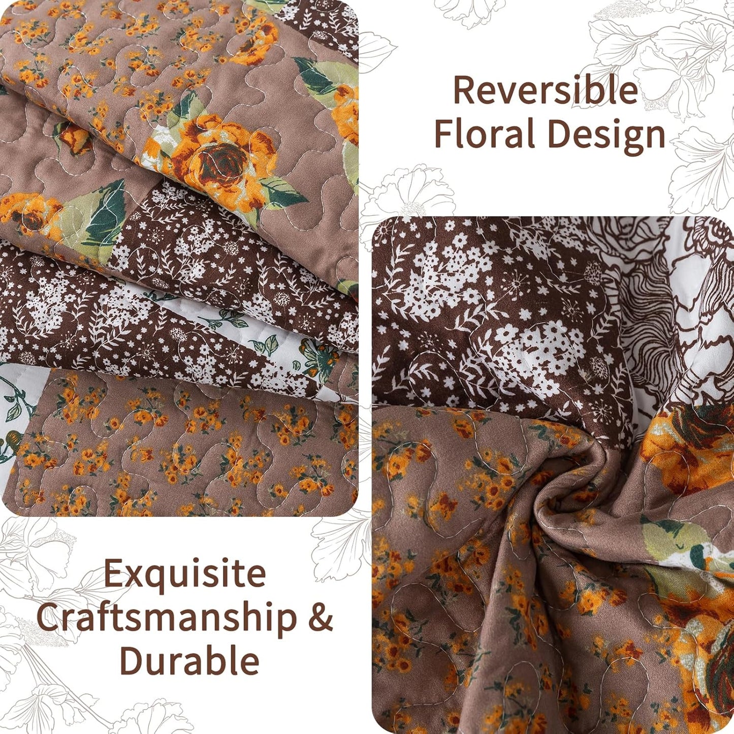 VAPUTAR King Size Quilt Set, Farmhouse King Quilt Bedding Set with Floral Plaid Pattern, Soft and Breathable Coverlet Set, Lightweight Reversible Bedspread Coverlet Suitable for All Season.