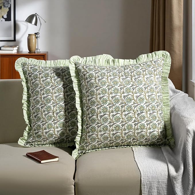 Ridhi Block Print Bloom Bubbles Throw Pillow Cover 18" x 18" (Pack of 2) Decorative Cushion Covers with Ruffle for Couch, Sofa, Bed, Living Room, Home Decor Gift for Spring, Easter, Valentine