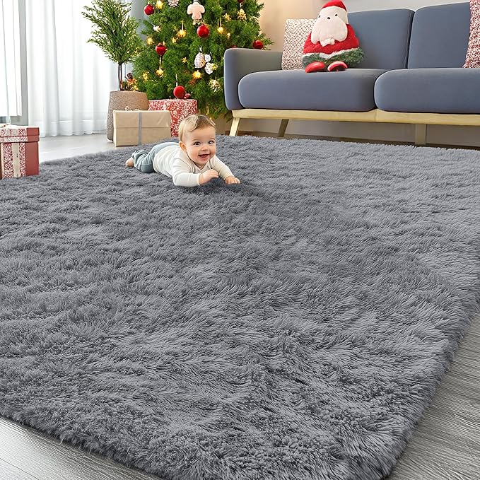 OLANLY 7x10 Machine Washable Large Area Rugs for Living Room, Bedroom, Soft Fluffy Shaggy Bedside Rug, Indoor Floor Carpet for Kids Girls and Boys, Dorms, Nursery, Home Decor Aesthetic, Light Grey