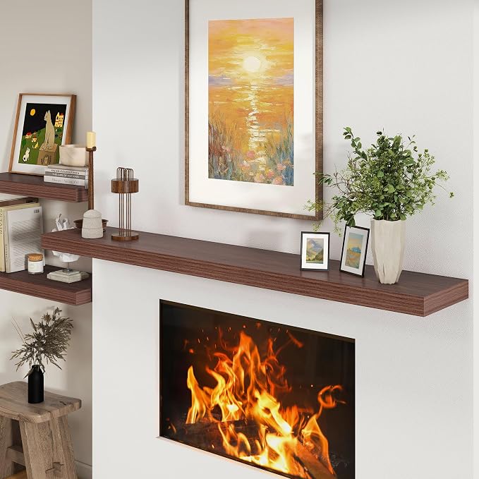 FLYJOE 72 Inch Floating Shelf, 12'' Deep Walnut Shelf for Wall Set of 1 | 72'' x 12'' Rustic Wood Shelves for Farmhouse Living Room Bathroom Kitchen Laundry Room