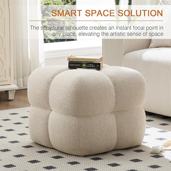 Zesthouse Square Pouf Ottoman, Modern Vanity Chair Backless for Bedroom, Beige Linen Stool Seat Foot Rest, Upholstered Poofy Footstool for Couch, Fabric Ottoman Coffee Table for Living Room