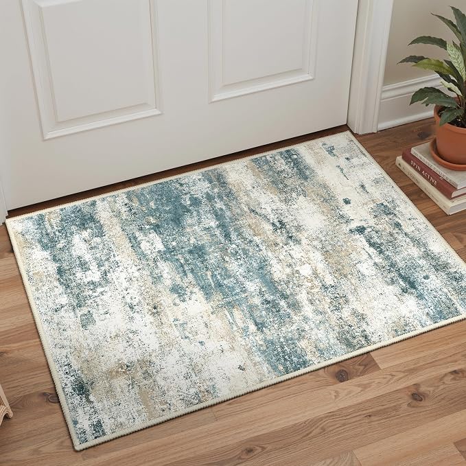 BEIMO 2x3 Rugs for Entryway Entrance Kitchen Bathroom, Machine Washable Modern Abstract Soft Area Rug, Low Pile Indoor Floor Carpet with Non Slip Backing, Navy Beige