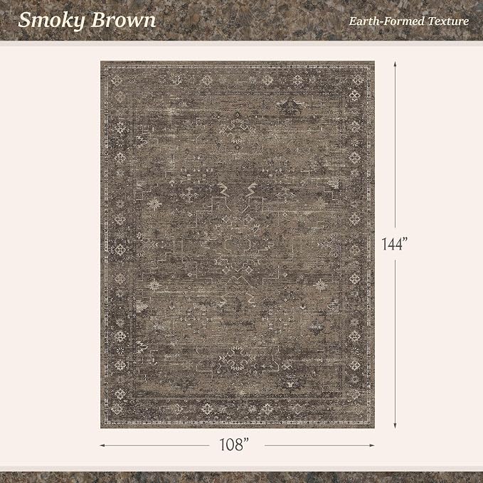 Farmhouse Brown Washable 9x12 Area Rug for Living Room, Dark Neutral Vintage Distressed Extra Large Rug for Bedroom Dining Room, Non-Slip Low Pile Carpet for Home Office Décor
