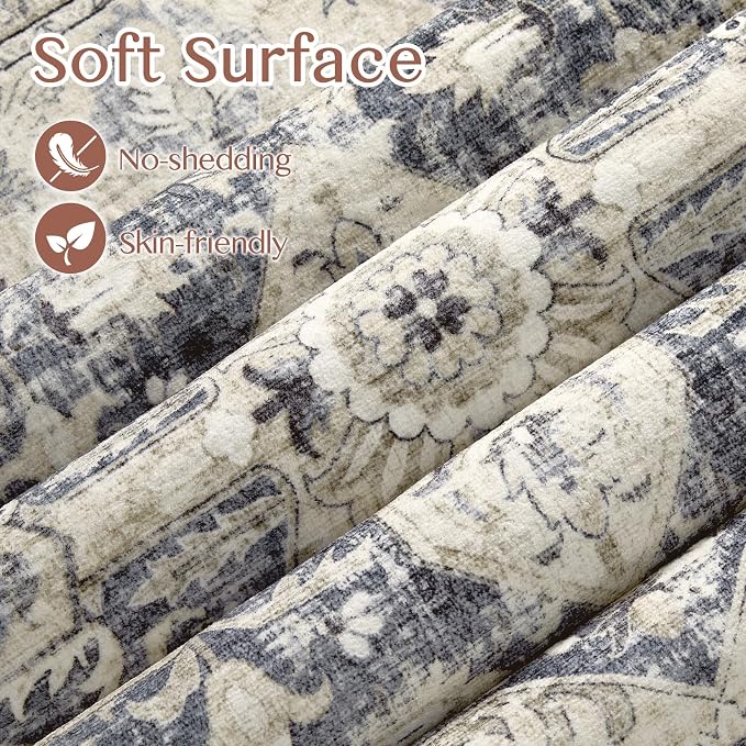 Tortania 8' Square Area Rug Living Room Rugs - Washable Boho Rug Vintage Oriental Distressed Farmhouse Large Thin Indoor Carpet for Bedroom Under Dining Table Home Office - Cream/Blue
