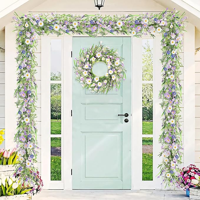 2PCS 6ft Spring/Summer Daisy Garland with Flowers, Faux Daisy and Lavender Flower Garland Artificial with Floral Lanvender for Baby Shower Wedding Mantle Fireplace Table Centerpiece Decor