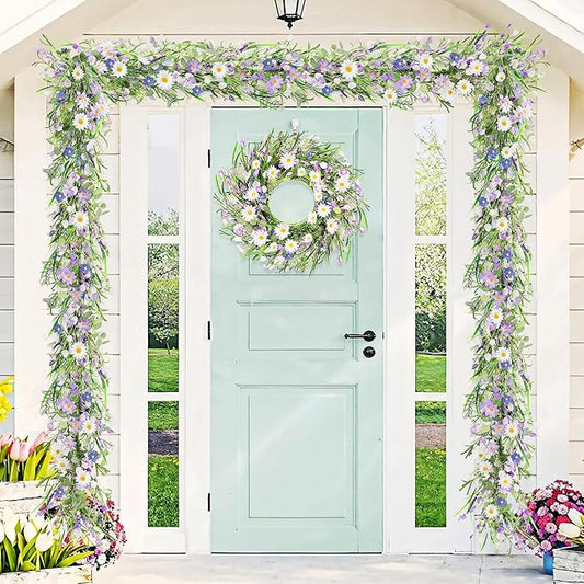 2PCS 6ft Spring/Summer Daisy Garland with Flowers, Faux Daisy and Lavender Flower Garland Artificial with Floral Lanvender for Baby Shower Wedding Mantle Fireplace Table Centerpiece Decor