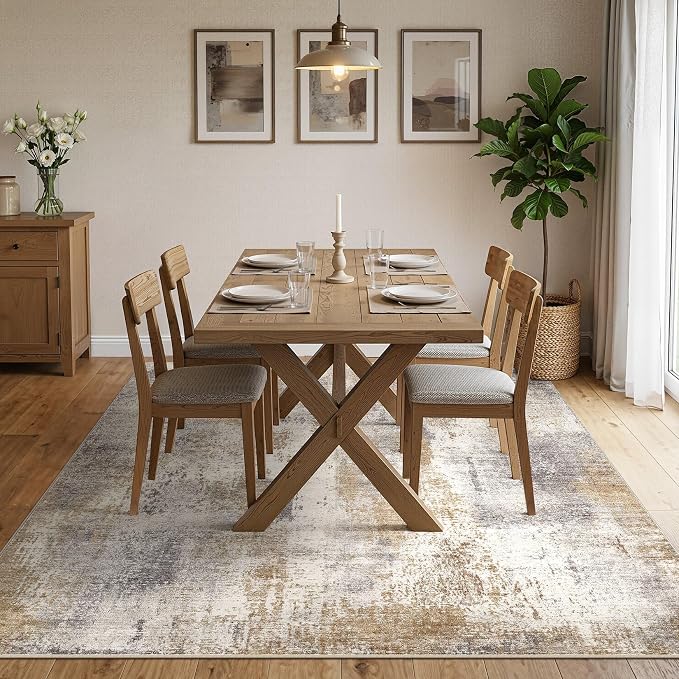 DMOYEST Area Rug Living Room Rugs - 7x9 Washable Large Soft Indoor Neutral Modern Abstract Low Pile Rug Carpet for Bedroom Dining Room Farmhouse Home Office - Brown Grey
