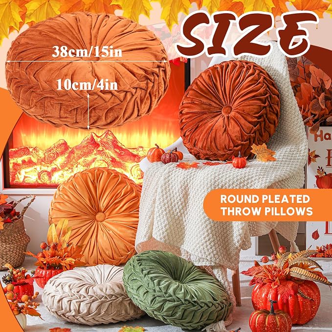 Drydiet 4 Pcs Round Throw Velvet Pillows Decorative Pleated Throw Pillows Diameter Accent Pumpkin Boho Chair Cushion for Couch Sofa Home Decoration (Fall Color,15'')