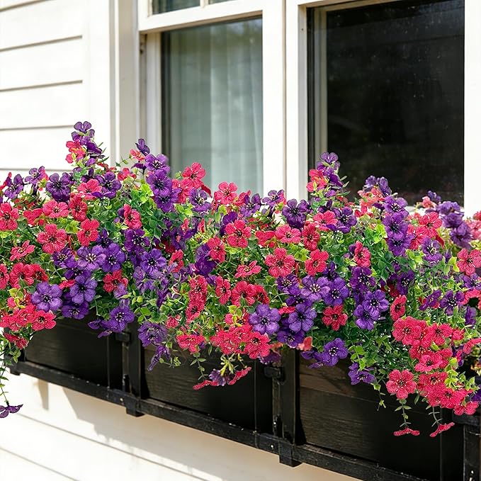 Senjie 12 Bundles Artificial Flowers Bulk for Outdoor Decor, UV Resistant Fake Plastic Flowers, Faux Flowers for Porch Patio Window Boxwood Garden