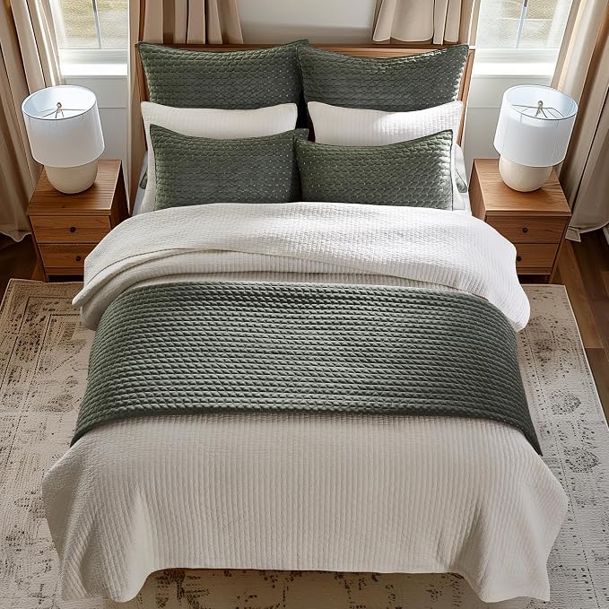 Levtex Home - Velvet Stitch Quilt Set - Twin Quilt and One Standard Sham - Cross Stitch Velvet - Green with White - Quilt (68x86in.) and Sham (20x26in.) - Reversible - Polyester