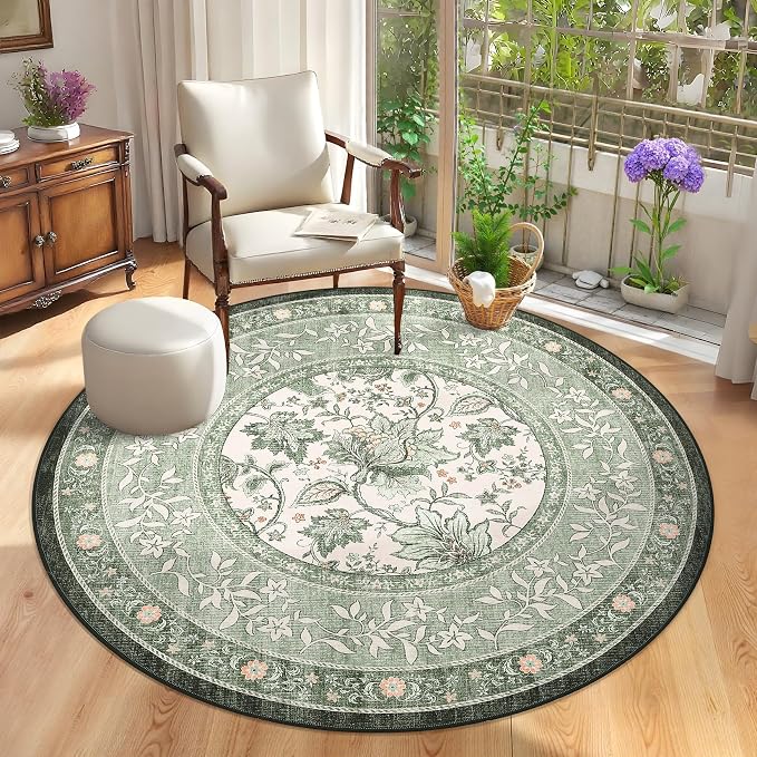 GarveeHome Sage Green Botanical Grove 6ft Round Rug, Small Circle Vintage Cottagecore Soft Low-Pile Non-Slip Washable Rugs for Living Room Bedroom Nursery Kitchen Retro Carpet