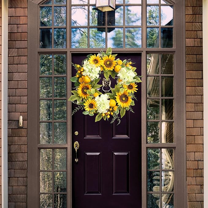 Sunflower Wreath with Hydrangeas, Lemons, Big Berry,Summer Wreath for Front Door, Unique Housewarming Gift,mother'day Gift,Farmhouse Porch Decor, Wall Decor-22IN