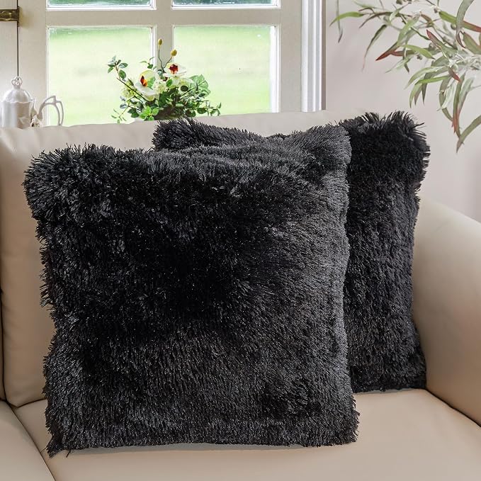 Cheer Collection Throw Pillows for Couch and Bed, Soft Shaggy Throw Pillows with Inserts Included, Cozy Long Hair Faux Fur Pillows - Set of 2-24" x 24" Black