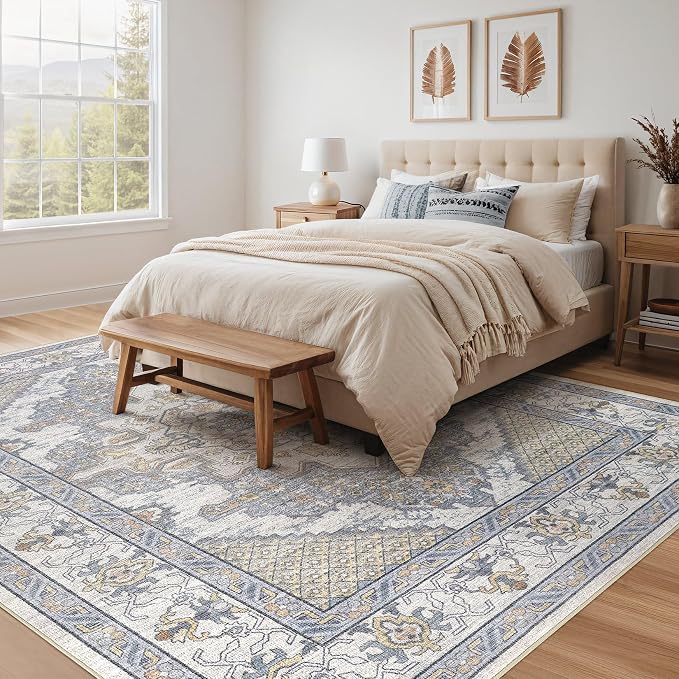 Tortania Area Rug Living Room Rugs - 10x12 Washable Boho Rug Vintage Oriental Distressed Farmhouse Large Thin Indoor Carpet for Living Room Bedroom Under Dining Table Home Office - Blue Beige