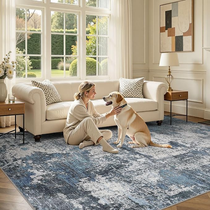 DMOYEST Area Rug Living Room Rugs - 8x10 Large Soft Indoor Neutral Modern Abstract Low Pile Washable Rug Carpet for Bedroom Dining Room Farmhouse Home Office - Grey Blue