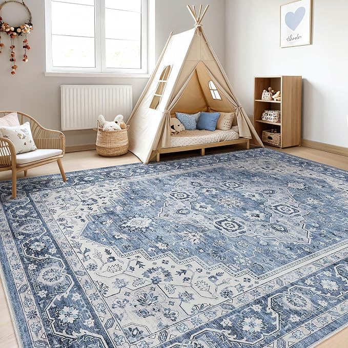 7x10 Area Rug Living Room: Washable Boho Large Neutral Vintage Soft Rug Stain Resistant Farmhouse Non-Slip Indoor Floor Retro Carpet for Bedroom Nursery Kids Office Dining Room- Blue Gray