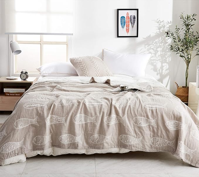 MEJU Fish Gray Muslin Lightweight Summer Blanket for Bed Sofa Couch 100% Combed Cotton 3 Layer Soft Warm Quick Dry Throw Blanket Bedspread Bed Coverlet Sheet Full Queen 80 in X 90 in