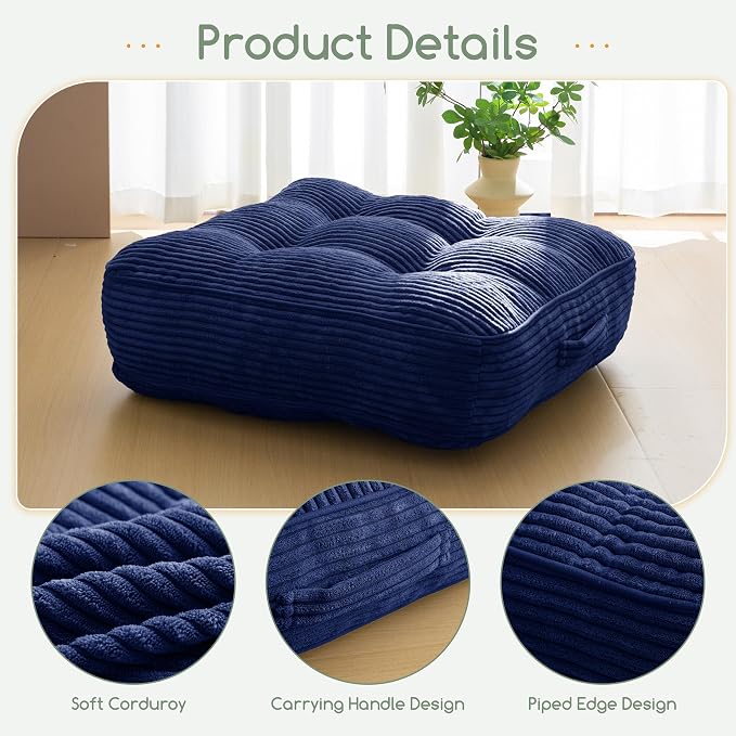 HIGOGOGO 6" Extra Thick Floor Pillow Cushion for Adults, Meditation Cushion Pillow, Large Square Floor Sitting, Tufted Corduroy Cover, for Tatami Living Room or Yoga, 22x22 Inch, Navy